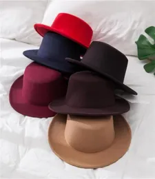 New Classic Solid Color Felt Fedoras Hat for Men Women artificial wool Blend Jazz Cap Wide Brim Simple Church Derby Flat Top Hat9373004