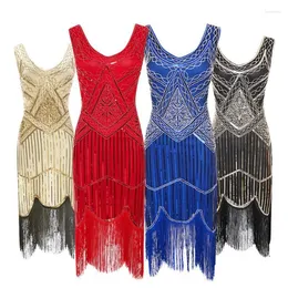 Abiti casual Abito da festa donna 1920 S Great Gatsby Flapper Vestidos Paillettes Perline Frange Sera Scollo a V Impreziosito Frange Senza maniche