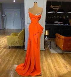 Orange Satin Evening Dresses 2021 Crystals Pleated Long Formal Prom Gowns Mermaid Sweep Train Cocktail Party Dress1751801