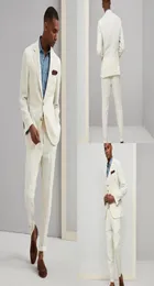 Ivory White Pinstripe Groom Tuxedos Mens Wedding Peaked Lapel Pants Suits Men Jacket Blazer PromDinner 2 Pieces JacketPant9858999