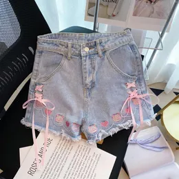 Women's Jeans Y2K Cartoon Blue Denim Shorts Japanese Style High Street Bandage Lace Up Loose Wide-leg Pants Ins