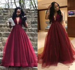 2019 New Sexy DeepV Neck Burgundy Cheap Prom Dresses Sreveless a Line Tulle Cheap Dresses Evening Wear Party Gowns Floor Length2187205