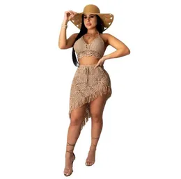 Summer Casual Crochet Dress Beachwear Women Two Piece Set Backless Halter Crop Top Mini Skirt Sexy Hollow Out Outfits Women0396803340