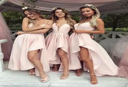 2022 Blush Pink High Low Party Bridesmaid Dresses Deep V neck With Spaghetti straps A line Satin Backless Country Style Prom Dress2710403