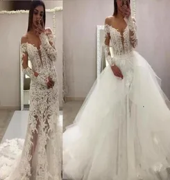 Glamorous 2019 sheer Lace two pieces Wedding Dresses mermaid Long Sleeve Sweep Train with detachable train custom made Bridal Part9509413