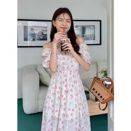 New Summer French Style Gentle Strap Collar Floral High Waist Elegant Slit Slim Casual Long Floral Printed Dress