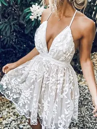Casual Dresses Summer Women Party White Lace Flower Backless Mini Dress Sexy Sling Spaghetti Straps Deep V Neck Wedding Club Beach