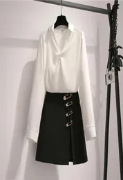 Fashion Two Pieces Women Solid White Blouse Top Gold Pin Split Black Mini Skirt Female Elegant 2PCS Clothing Set 2104166338571