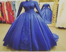Perfekt Royal Blue Muslim High Neck Evening Dresses Satin Middle East Winter 2018 Långärmad lång fest prom bollklänningar klänning för 1214007