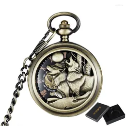 Taschenuhren Luxus Wolf mechanische Uhr Vintage Mann Uhr mit Fob Kette Steampunk Skelett für Männer chinesische Fabrik Anhänger