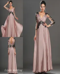 Beautiful Long Blush Prom Dress With Sleeves Good Quality V Neck Chiffon Formal Evening Dress Party Gown6389427