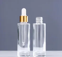 30ml Clear Glass Eye Dropper Bottles 1oz 두꺼운 벽 평평한 어깨 에센셜 오일 향수 병이있는 황금 상단 캡 SN5246