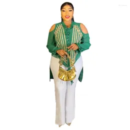 Ethnic Clothing 2023 Summer African Chiffon Clothes For Women Plus Size Two Piece Set Long Sleeve Tops Pants Suit Wedding Party Crystal Gown