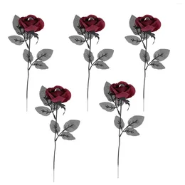 장식용 꽃 5 pcs 꽃 꽃다발 인공 장미 실크 웨딩 장식 현실적인 꽃 피치 테이블 유령의 집 용품 빨간 지점
