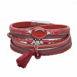 Charm Bracelets FYJS Unique Silver Plated Multi Layer Leather With Tassels Bracelet For Elegant Women Many Colors Agates Jewelry