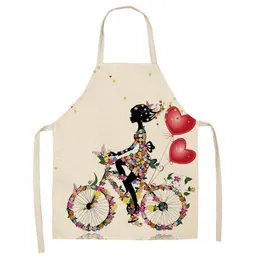 DIY Lady Home Pinafore Kitchen Cotton Linen Washable Aprons Flowers Bicycle Printed Daidle Lace Up Women Cooking Accessories New