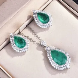 Conjunto de joyería de esmeralda de laboratorio de gota de agua de lujo, collar de pendientes de boda de fiesta de plata de ley 925 para mujer, joyería Vintage nupcial