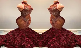 2019 Burgundy Lace Mermaid Long Prom Dresses Illusion Aptique Beaded 3D Flowers Halter Sweep Train Evening Gowns Vestidos de Fest2632496