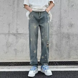 Mäns jeans Y2K Fashion Star Print Hip Hop Ripped Jeans Pants For Men Korean Kläder Straight Blue Washed Denim Trousers Ropa Hombre 230529