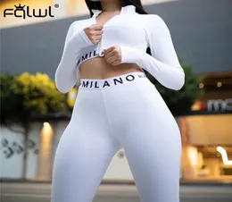 FQLWL Streetwear White Pink 2 Two Piece Set Women Outfits Fitnesss Long Sleeve Crop Top Leggings Women Ladies Tracksuit Female 2016307015