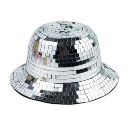 Szerokie brzegowe czapki wiadra czapki brokat lustro disco disco hat hat oszałamiające dyskotekowe czapki kulkowe dla DJ Glitter cekinów czapkę wiadra na klubową imprezę barową 230529