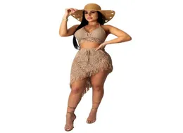 Summer Casual Crochet Dress Beachwear Women Two Piece Set Backless Halter Crop Top Mini Skirt Sexy Hollow Out Outfits Women0397283814