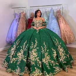 Glitter verde quinceanera vestidos querida vestidos de baile festa de aniversário vestido flor apliques vestido de 15 anos doce 16 vestido de baile 326 326