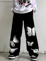 Jeans femininos Y2K calças borboleta Mulheres negras de pernas largas calças impressas longas ruas harajuku jeans de cintura alta machos lisos lisos t230530