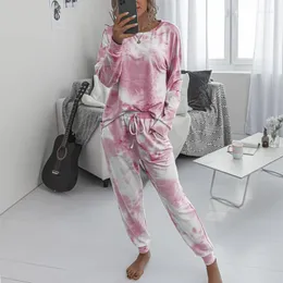 Kvinnors tvåbitar byxor Autumn Winter Women Set Tie Dye Long Sleeve Top Shirt O-Neck och Tracksuit Set Casual Outfit Lounge Wear