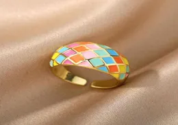 Cluster Rings Delicate Enamel For Women Adjustable Stainless Steel Square Checkered Dripping Oil Ring 2022 Trend Boho Jewerly Anil5628516