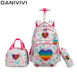 Backpacks 3 IN 1 School Bags for Girls with Wheels Trolley Bag Lunch Pencil Case Rolling Wheeled Backpack 230529