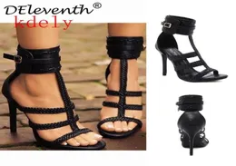Sandals Summer Women Black PU Leather Tstrap Braided Belt Buckle Stiletto High Heeled Shoes Lady2843431