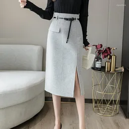 Spódnice solidne wysokie talii kobiety 2023 WOMINE WOLEN SKIRT DŁUGO SLIM BODYCON PENCIL JUPE FEMME z bokiem pasa midi saias mulher