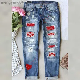 Women's Jeans Valentine's Day Diamond Heart Ripped Jeans Hot Sale Women's Ripped Print Jeans Fashion Stretch Skinny Denim Pencil Pants T230530