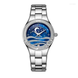 腕時計リーフタイガー女性豪華な時計ムーンフェースレディースドレスクォーツ腕時計ファッションレディウォッチダイヤモンドサファイアスチールストラップ