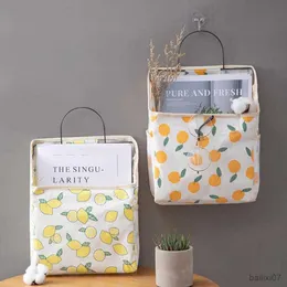 Basket Hanging Storage Bag Organizer Basket Pocket Wall-mounted Canvas Fruit Print Wall Storage Basket with Handle Hook for Dormitory
