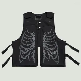 Men's Jackets Streetwear Sleeveless Mens Skeleton Printed Cargo Vest Hip Hop Harajuku Casual Cotton Buckle Ribbon Tactical Vests Male