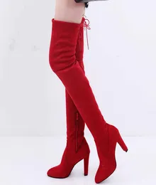2020 NEW Sexy Party Boots Fashion Suede Leather Shoes Women Over The Knee Heels Boots Stretch Flock Winter High Botas LH100034 Y092281895