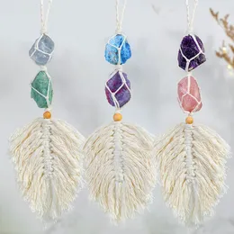 Keychains Natural Rough Crystal Quartz Raw Stone Weave Dreams Catcher Leaf Shape Car Hanging Pendant Healing Window Ornament Decoration