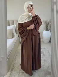 エスニック服プレーンアバヤイスラム教徒の長いドレス女性ラマダンイードクレープバルーンスリーブイスラムジルバブアフリカンドレスドバイトルコの謙虚なカフタン230529
