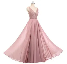 New 2019 Real Blush Pink Dresses V Neck Sleeveless Beads A Line Long Chiffon Formal Prom Dresses Evening Party Gown Mother Dresses1634240