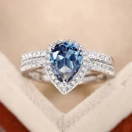 Elegant Pear Blue Cubic Zirconia Women Wedding Set Rings Silverfärg Luxury Engagement Party Accessories Fashion Jewelry