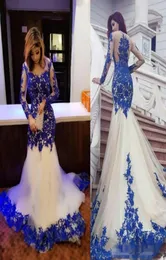 Royal Blue Lace Applique Long Sleeves Evening Dresses Mermaid Sheer Neck Tulle Trumpet Gowns for Any Special Occasion6251368