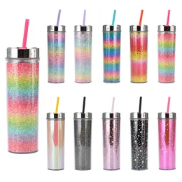 Straight Tumbler Stainless Steel Coffee Mug Insulated Wine Tumbler With Plastic Straws Rainbow Gradient Gold Scallion Cup Double Layer Cups Sea Shipping 16OZ BC747
