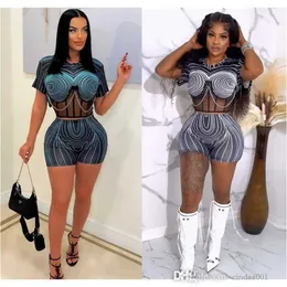 2023 Kvinnor Tracksuits Two Pieces Set Designer Sexig 3D -tryckning Slim Fit Perspektivkedja Stor rand Set Nightclub Wear