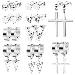 WKOUD, 10 pares de pendientes de acero inoxidable, conjunto para hombres y mujeres, colgante de triángulo cruzado, pendientes de anillo con bisagras, pendientes redondos Punk de acero