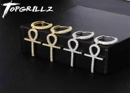TOPGRILLZ Iced Zircon Ankh Cross Earring Gold Silver Color Micro Paved AAA Bling CZ Stone Earrings For Man Women Hip Hop Jewelry 29152955