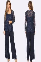 Navy Blue Lace Mother Of The Bride Pant Suits Three Pieces Sequined Wedding Guest Dress Chiffon Plus Size Mothers Groom Dresses4343566