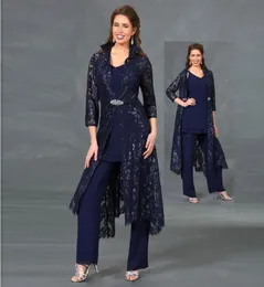 Navy Blue Lace Mother Of The Bride Pant Suits V Neck With Long Jackets Wedding Guest Dress Plus Size Chiffon Mothers Groom Dresses3633615