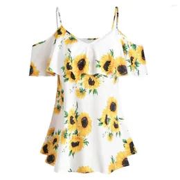 Camicette da donna Camicetta con camicetta stampata a girasole e top Camicetta da donna con scollo a V a manica corta Cinturino per spaghetti Sexy Dames Kleding